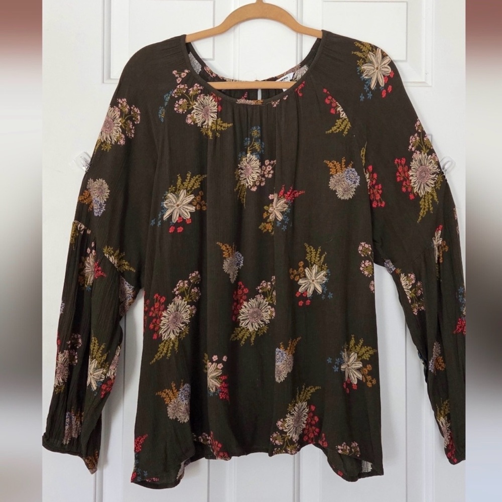 Sonoma Olive Green Floral Long Sleeve Blouse